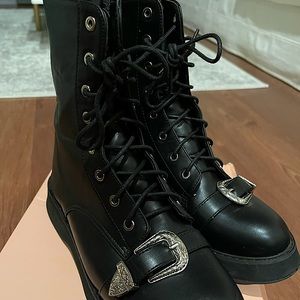 Western Buckle Platform Lace-up Boots
